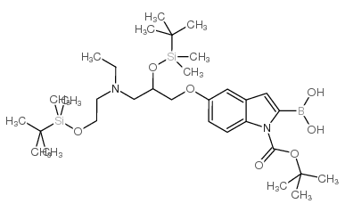 2-硼-5-[2-[[(1,1-二甲基乙基)二甲基甲硅烷基]氧基]-3-[[2-[[(1,1-二甲基乙基)二甲基甲硅烷基]氧基]乙基]乙氨基]丙氧基]-1H-吲哚-1-羧酸-1-(1,1-二甲基乙基)酯结构式