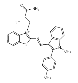 3-(3-amino-3-oxopropyl)-2-[[1-methyl-2-(p-tolyl)-1H-indol-3-yl]azo]benzothiazolium chloride structure
