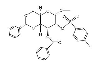 methyl-[O3-benzoyl-O4,O6-((R)-benzylidene)-O2-(toluene-4-sulfonyl)-α-D-glucopyranoside] Structure