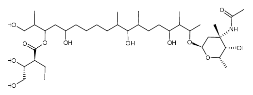 (2S,3R)-17-(((2R,4S,5S,6S)-4-acetamido-5-hydroxy-4,6-dimethyltetrahydro-2H-pyran-2-yl)oxy)-1,5,11,15-tetrahydroxy-2,10,12,16-tetramethyloctadecan-3-yl 2-ethyl-3,4-dihydroxybutanoate结构式