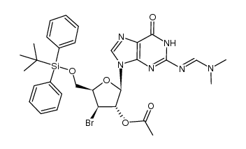 9-(2'-O-acetyl-3'-bromo-5'-O-tert-butyldiphenylsilyl-3'-deoxy-β-D-xylofuranosyl)-2-N-(N',N'-dimethylaminomethylene) guanine结构式