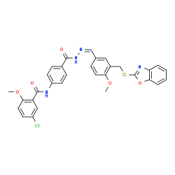 Benzoic acid, 4-[(5-chloro-2-methoxybenzoyl)amino]-, [[3-[(2-benzoxazolylthio)methyl]-4-methoxyphenyl]methylene]hydrazide (9CI) Structure