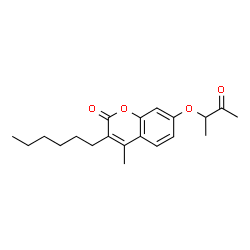 3-hexyl-4-methyl-7-(3-oxobutan-2-yloxy)chromen-2-one structure