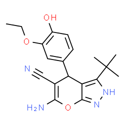 6-amino-3-tert-butyl-4-(3-ethoxy-4-hydroxyphenyl)-1,4-dihydropyrano[2,3-c]pyrazole-5-carbonitrile结构式