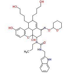 1-{6a,10-Dihydroxy-1,2-bis(4-hydroxybutyl)-4-[(tetrahydro-2H-pyran-2-yloxy)imino]-1,2,4,5,6,6a,11b,11c-octahydrobenzo[kl]xanthen-6-yl}-3-(1H-indol-2-ylmethyl)-1-propylurea结构式