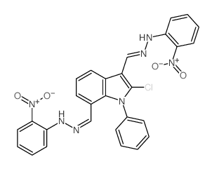 1H-Indole-3,7-dicarboxaldehyde,2-chloro-1-phenyl-, 3,7-di-2-(2-nitrophenyl)hydrazone Structure