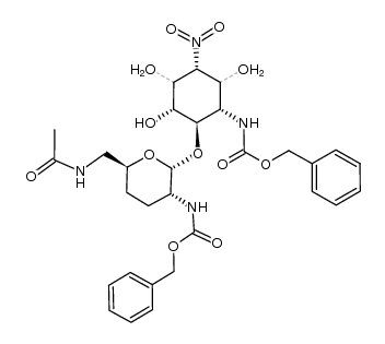 benzyl ((1S,2R,3R,5R)-2-(((2R,3R,6S)-6-(acetamidomethyl)-3-(((benzyloxy)carbonyl)amino)tetrahydro-2H-pyran-2-yl)oxy)-3,4,6-trihydroxy-5-nitrocyclohexyl)carbamate Structure