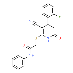 2-((3-cyano-4-(2-fluorophenyl)-6-oxo-1,4,5,6-tetrahydropyridin-2-yl)thio)-N-phenylacetamide structure