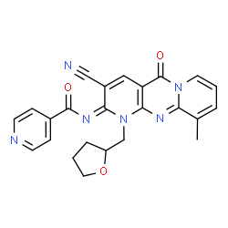 N-[3-cyano-10-methyl-5-oxo-1-(tetrahydro-2-furanylmethyl)-1,5-dihydro-2H-dipyrido[1,2-a:2,3-d]pyrimidin-2-ylidene]isonicotinamide structure