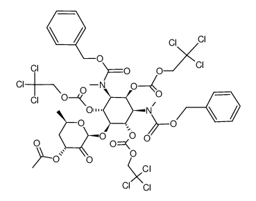 (2S,4R,6R)-2-(((1r,2R,3S,4S,5R,6S)-3,5-bis(((benzyloxy)carbonyl)(methyl)amino)-2,4,6-tris(((2,2,2-trichloroethoxy)carbonyl)oxy)cyclohexyl)oxy)-6-methyl-3-oxotetrahydro-2H-pyran-4-yl acetate Structure