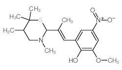 Phenol,2-methoxy-4-nitro-6-[2-(tetrahydro-3,5,6,6-tetramethyl-2H-1,3-thiazin-2-yl)-1-propen-1-yl]- picture