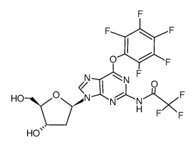 2-N-trifluoroacetamido-6-pentafluorophenoxy-9-(2-deoxy-β-D-erythro-pentofuranosyl)purine结构式