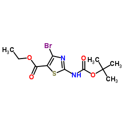 Ethyl 4-bromo-2-({[(2-methyl-2-propanyl)oxy]carbonyl}amino)-1,3-thiazole-5-carboxylate结构式