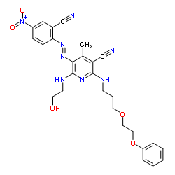 5-[(2-cyano-4-nitrophenyl)azo]-6-[(2-hydroxyethyl)amino]-4-methyl-2-[[3-(2-phenoxyethoxy)propyl]amino]nicotinonitrile structure