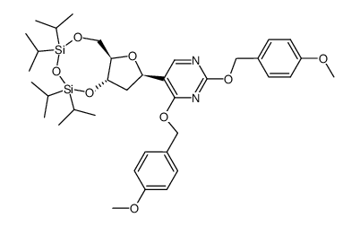 5-[2-deoxy-3,5-O-(1,1,3,3-tetraisopropyldisiloxan-1,3-diyl)-β-D-ribofuranosyl]-2,4-[bis(4-methoxybenzyloxy)]pyrimidine结构式