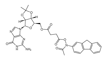 (N-Acetyl-N-(((2',3'-isopropylidene-5'-guanosinyl)-3-carbonyl)propanoyloxy))-2-aminofluorene结构式