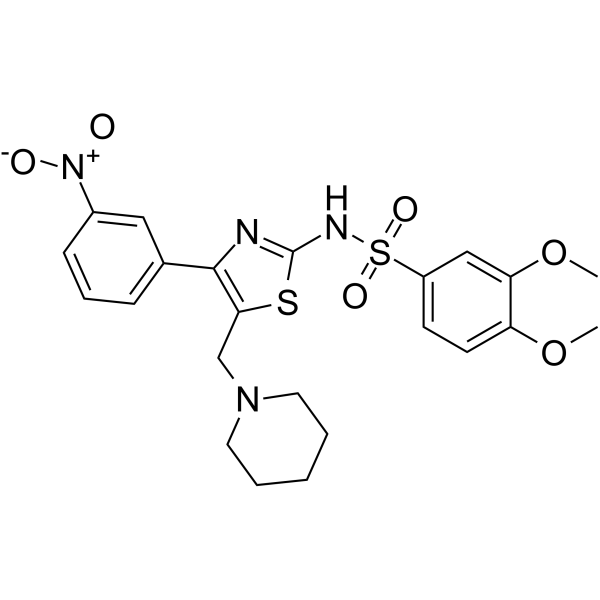 3,4-二甲氧基-N-(4-(3-硝基苯基)-5-(哌啶-1-甲基)噻唑-2-基)苯磺酰胺结构式