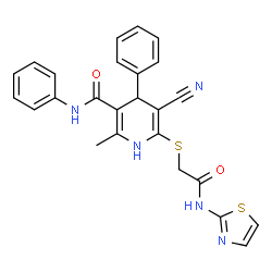 5-cyano-2-methyl-6-((2-oxo-2-(thiazol-2-ylamino)ethyl)thio)-N,4-diphenyl-1,4-dihydropyridine-3-carboxamide structure