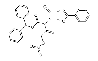 (R)-3-nitrooxymethyl-2-((1R)-7-oxo-3-phenyl-(1rH,5cH)-4-oxa-2,6-diaza-bicyclo[3.2.0]hept-2-en-6-yl)-but-3-enoic acid benzhydryl ester结构式