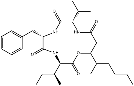 N-[N-[N-(3-Hydroxy-4-methyl-1-oxooctyl)-L-valyl]-L-phenylalanyl]-D-alloisoleucine λ-lactone structure