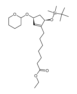 (1S*,4R*)-1-[dimethyl-(t-butyl)silyloxy]-2-(6-ethoxycarbonylhexyl)-4-(tetrahydropyran-2-yloxy)cyclopent-2-ene结构式