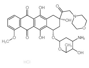 5,12-Naphthacenedione, 10-[ (3-amino-2,3,6-trideoxy-.alpha.-L-lyxo-hexopyranosyl)oxy]-7,8, 9,10-tetrahydro-6,8, 11-trihydroxy-1-methoxy-8-(4-morpholinylacetyl)-, monohydrochloride, (8S-cis)-结构式