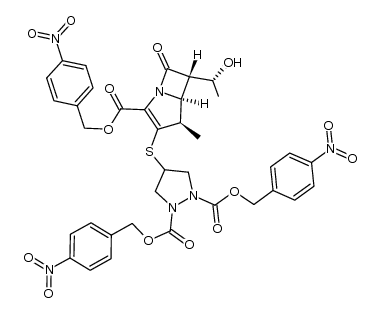 p-Nitrobenzyl (1R,5S,6S)-2-[[(N,N-Bis(p-nitrobenzyloxycarbonyl)pyrazolidin-4-yl]thio]-6-[(1R)-1-hydroxyethyl]-1-methylcarbapen-2-em-3-carboxylate结构式
