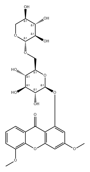 3,5-Dimethoxy-1-[(6-O-β-D-xylopyranosyl-β-D-glucopyranosyl)oxy]-9H-xanthen-9-one结构式