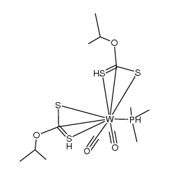 (η3-(S,S',C)S2CO-i-Pr)2(CO)2(trimethylphosphine)tungsten Structure