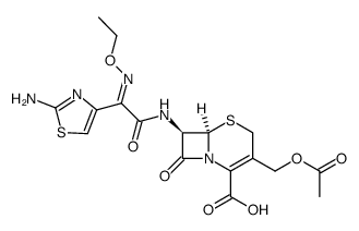 (6R)-3-acetoxymethyl-7t-[2-(2-amino-thiazol-4-yl)-2-(E)-ethoxyimino-acetylamino]-8-oxo-(6rH)-5-thia-1-aza-bicyclo[4.2.0]oct-2-ene-2-carboxylic acid结构式