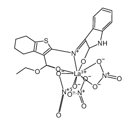 [La(nitrate)3(2-(N-indole-2-one)amino-3-carboxyethyl-4,5,6,7-tetrahydrobenzo[b]thiophene)] Structure