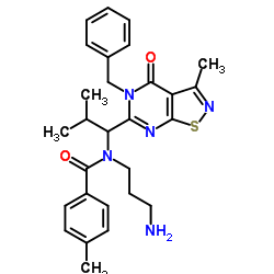 N-(3-aminopropyl)-N-[1-(5-benzyl-3-methyl-4-oxo-[1,2]thiazolo[5,4-d]pyrimidin-6-yl)-2-methylpropyl]-4-methylbenzamide结构式