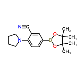 2-(1-Pyrrolidinyl)-5-(4,4,5,5-tetramethyl-1,3,2-dioxaborolan-2-yl)benzonitrile结构式