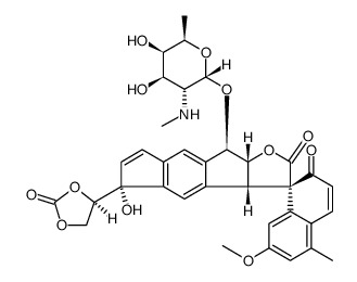 Spiro[s-indaceno[2,1-b]furan-3(2H),1'(2'H)-naphthalene]-2,2'-dione, 9-[[2,6-dideoxy-2-(methylamino)-α-D-galactopyranosyl]oxy]-3a,5,9,9a-tetrahydro-5-hydroxy-7'-methoxy-5'-methyl-5-[(4R)-2-oxo-1,3-dioxolan-4-yl]-, (1'S,3aS,5R,9R,9aR)- Structure