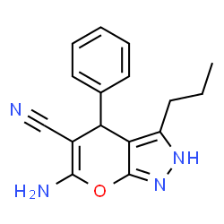 6-amino-4-phenyl-3-propyl-2,4-dihydropyrano[2,3-c]pyrazole-5-carbonitrile structure