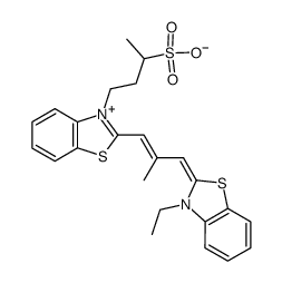 2-[3-(3-ethyl-3H-benzothiazol-2-ylidene)-2-methylprop-1-enyl]-3-(3-sulphonatobutyl)benzothiazolium结构式