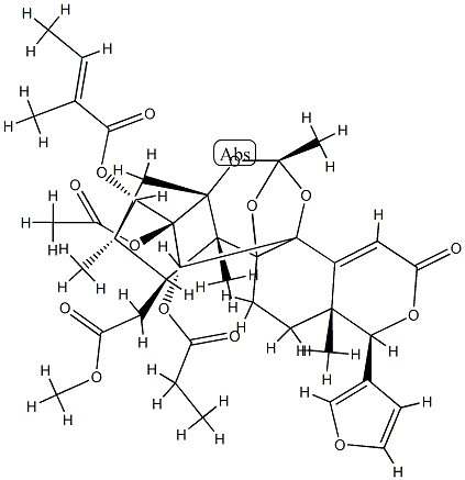 14,15-Didehydrophragmalin 2-acetate 3-[(E)-2-methyl-2-butenoate]30-propanoate结构式