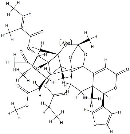 14,15-Didehydrophragmalin 2-acetate 3-[(E)-2-methyl-2-butenoate]30-propanoate structure