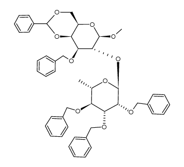 methyl 3-O-benzyl-4,6-O-benzylidene-2-O-(2,3,4-tri-O-benzyl-α-L-rhamnopyranosyl)-β-D-galactopyranoside结构式