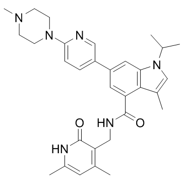 N-[(4,6-二甲基-2-氧代-1,2-二氢-3-吡啶基)甲基]-3-甲基-1-(异丙基)-6-[6-(4-甲基-1-哌嗪基)-3-吡啶基]-1H-吲哚-4-甲酰胺结构式