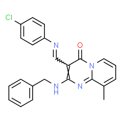 (E)-2-(benzylamino)-3-(((4-chlorophenyl)imino)methyl)-9-methyl-4H-pyrido[1,2-a]pyrimidin-4-one structure