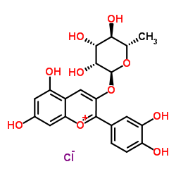 2-(3,4-Dihydroxyphenyl)-5,7-dihydroxy-3-chromeniumyl 6-deoxy-α-L-mannopyranoside chloride Structure