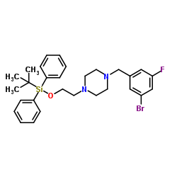1-(3-Bromo-5-fluorobenzyl)-4-(2-{[(2-methyl-2-propanyl)(diphenyl)silyl]oxy}ethyl)piperazine结构式