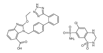 6-chloro-1,1-dioxo-3,4-dihydro-2H-1λ6,2,4-benzothiadiazine-7-sulfonamide,2-ethoxy-3-[[4-[2-(2H-tetrazol-5-yl)phenyl]phenyl]methyl]benzimidazole-4-carboxylic acid结构式