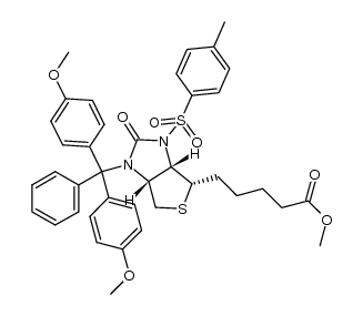 methyl 5-((3aS,4S,6aR)-1-(bis(4-methoxyphenyl)(phenyl)methyl)-2-oxo-3-tosylhexahydro-1H-thieno[3,4-d]imidazol-4-yl)pentanoate结构式