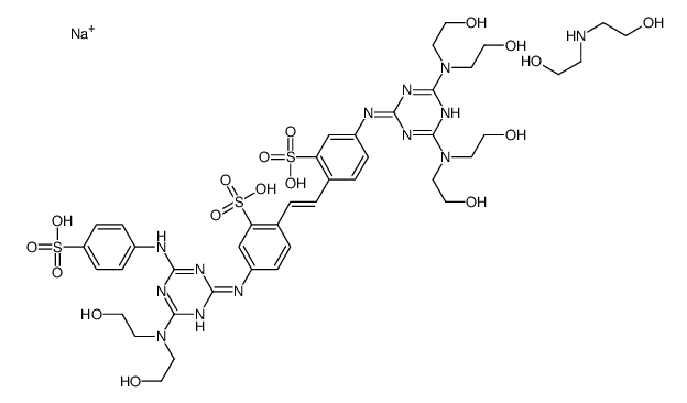 sodium,2-[(E)-2-[4-[[4,6-bis[bis(2-hydroxyethyl)amino]-1,3,5-triazin-2-yl]amino]-2-sulfophenyl]ethenyl]-5-[[4-[bis(2-hydroxyethyl)amino]-6-(4-sulfoanilino)-1,3,5-triazin-2-yl]amino]benzenesulfonic acid,2-(2-hydroxyethylamino)ethanol Structure