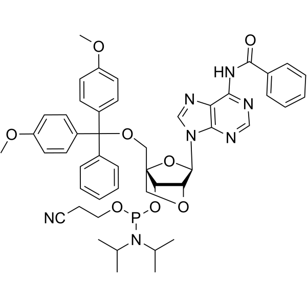 N6-苯甲酰-5'-O-(4,4'-二甲氧基三苯基)-2'-O-4'-C-锁定腺苷-3-氰基乙基磷酰胺结构式