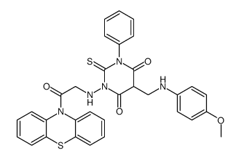 5-[(4-methoxyanilino)methyl]-1-[(2-oxo-2-phenothiazin-10-ylethyl)amino]-3-phenyl-2-sulfanylidene-1,3-diazinane-4,6-dione结构式