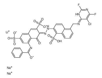 5-(benzoylamino)-3-[[5-[[(5-chloro-2,6-difluoro-4-pyrimidinyl)amino]methyl]-1-sulpho-2-naphthyl]azo]-4-hydroxynaphthalene-2,7-disulphonic acid, lithium sodium salt Structure