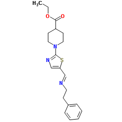 Ethyl 1-(5-{(E)-[(2-phenylethyl)imino]methyl}-1,3-thiazol-2-yl)-4-piperidinecarboxylate结构式